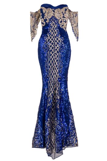 Robe sirène en queue de poisson Royalty Vip bleu doré à sequins et broderie Bardot 3