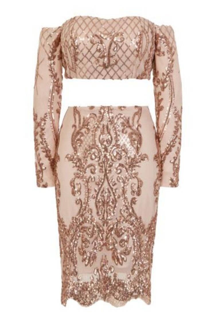 Lust Luxe oro rosa paillettes broccato gonna a due pezzi Top Co Ord Set