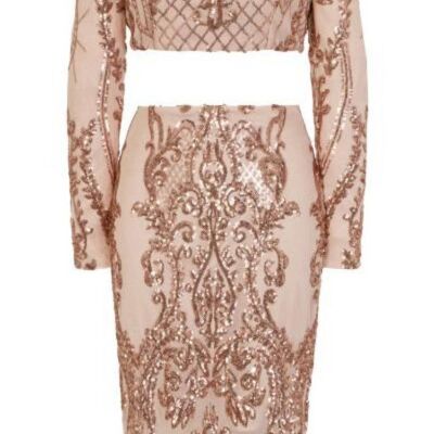 Lust Luxe Rose Gold Sequin Brocade Two Piece Skirt Top Co Ord Set