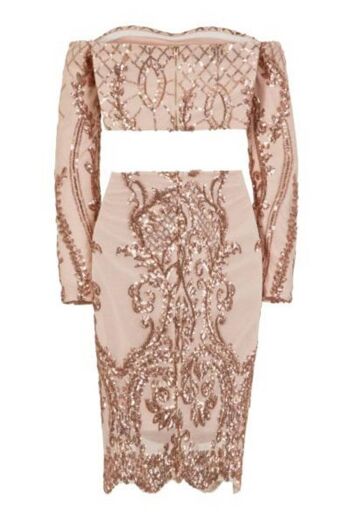 Lust Luxe Or Rose Sequin Brocart Deux Pièces Jupe Haut Co Ord Ensemble 2