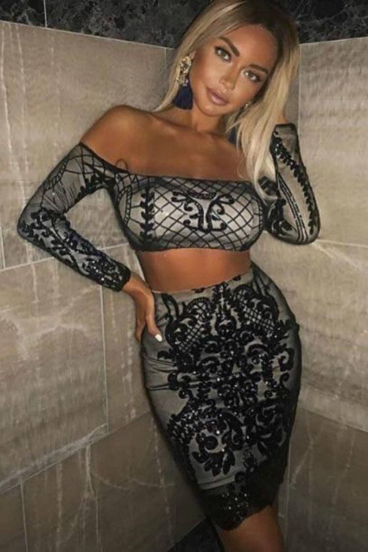 Lust Luxe Gonna a due pezzi in broccato nero con paillettes Co Ord Set