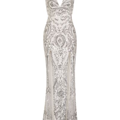 Mystery Silver Luxe Keyhole Bust Double Slit Sequin Illusion Maxi Dress