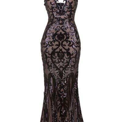 Majesty Luxe Black Nude Keyhole Victorian Sequin Illusion Maxi Dress