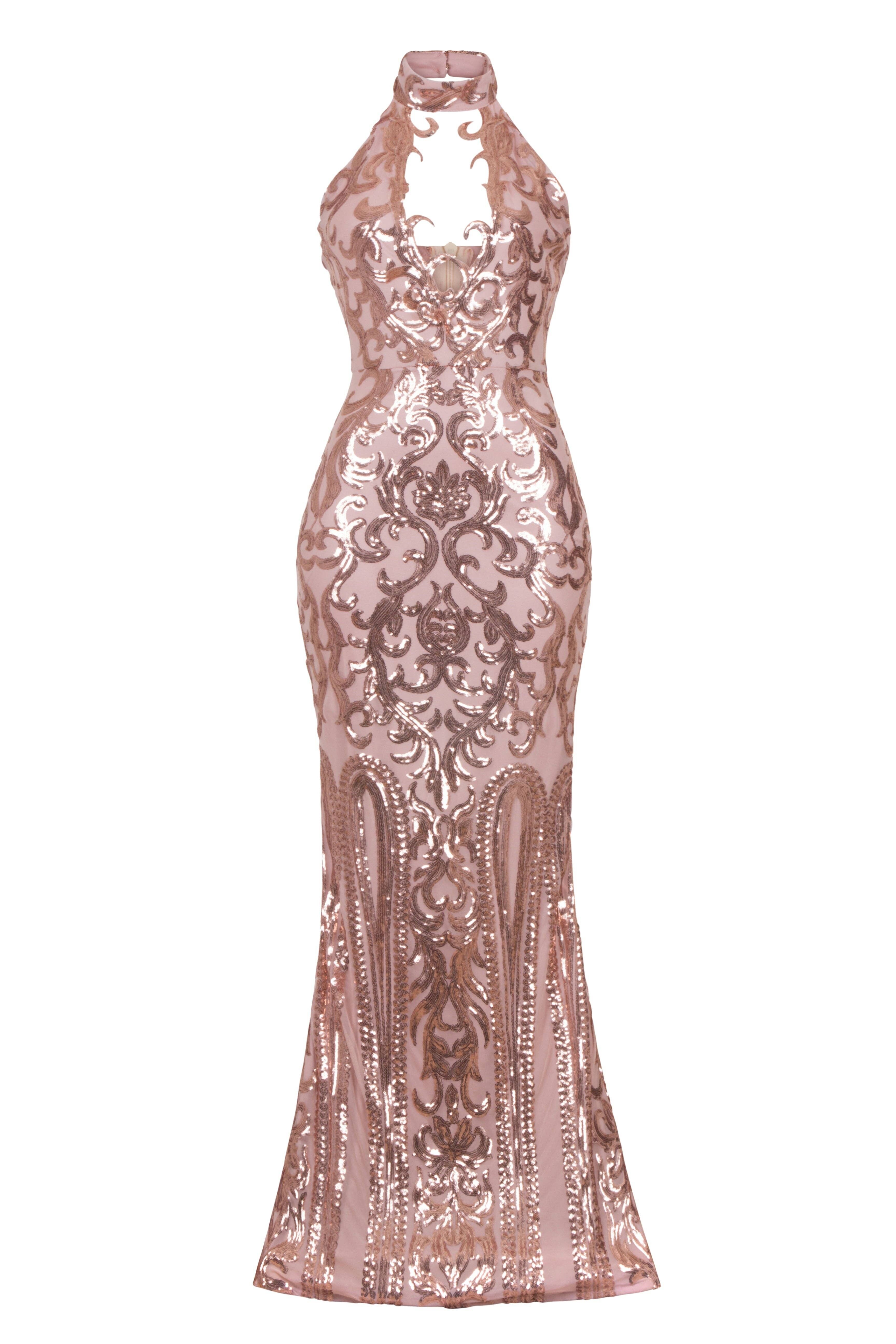Abito lungo Majesty Luxe in oro rosa con illusione vittoriana con paillettes