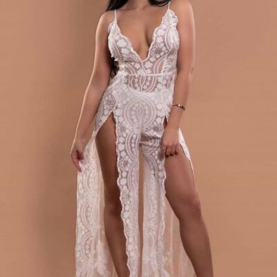 Game Changer White Sheer Floral Sequin Palazzo Split Jumpsuit