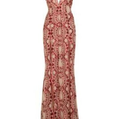 Pure Desire Red Plunge Floral Sequin Double Thigh Slit Maxi Dress