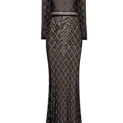Sheer Dreams Black Crystal Rhinestone Mesh Transparent Maxi Dress