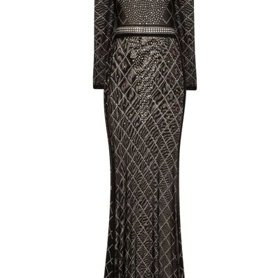 Sheer Dreams - Robe longue transparente en maille cristal strass noir