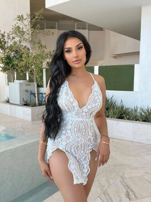 No Limit White Nude Plunge Floral Sequin Double Thigh Slit Mini Dress