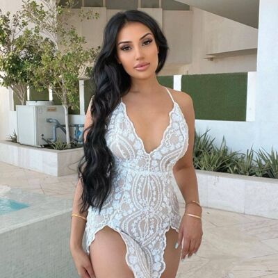 No Limit White Nude Plunge Floral Sequin Double Thigh Slit Mini Dress