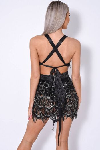 Holly Glam - Robe transparente noire à franges et sequins dégradés 3