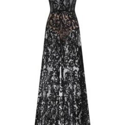 Entfesseltes, schwarzes, transparentes, luxuriöses Maxi-Kleid mit Paillettenschlitz