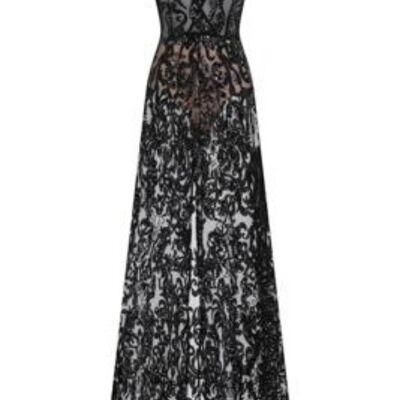 Unleashed - Robe longue noire à fentes et sequins de luxe transparents