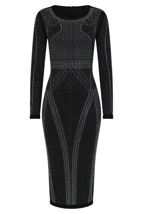 Luxor Black Caviar Crystal Rhinestone Bodycon Midi Dress