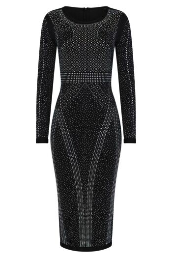 Robe mi-longue moulante Luxor en cristal de caviar noir avec strass 1