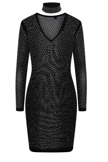 Show Up - Robe moulante ras du cou en maille transparente avec strass en cristal noir 2