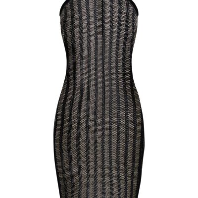 Xtra Black Crystal Iridescent Rhinestone Sheer Mesh Midi Bodycon Dress