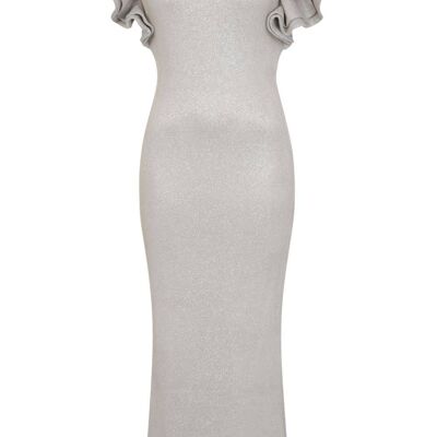 Posh Beige Glitter Sparkle Ruffle Frill Bodycon Pencil Maxi Dress