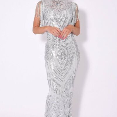 Magic Vip Silver Luxe Tassel Fringe Sequin Embellished Illusion Maxi Dress