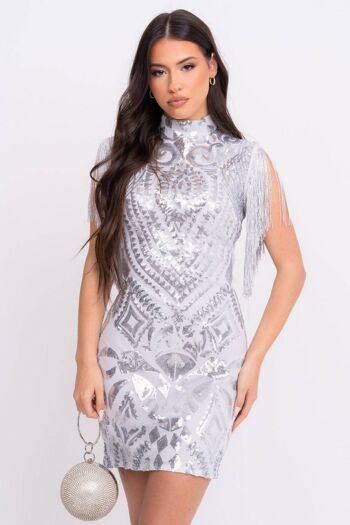 Kylie Vip Silver Luxe Tassel Fringe Sequin Embelli Robe Illusion 1