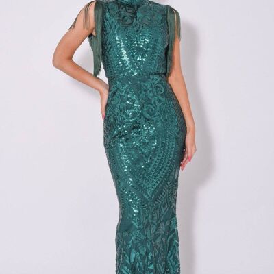 Magic Vip Green Luxe Tassel Fringe Sequin Embellished Illusion Maxi Dress