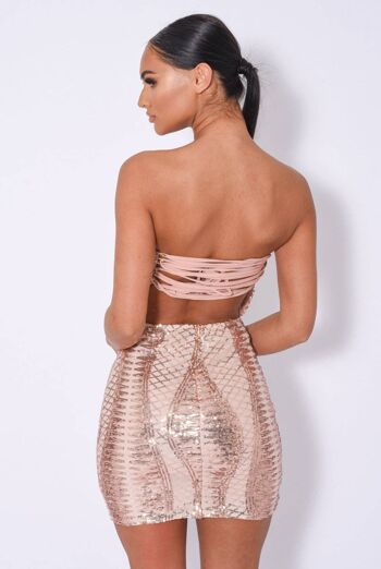 Tie Me Up Rose Gold Bandeau Cage Sequin Bandage Illusion Lace Up Dress 3