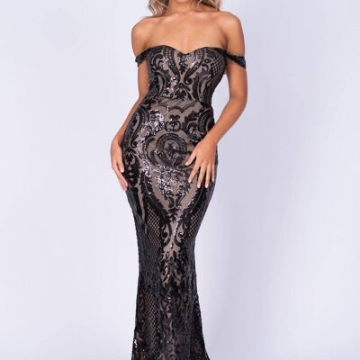 Layali Black Nude Bardot Sweetheart Sequin Embellished Maxi Fishtail Dress