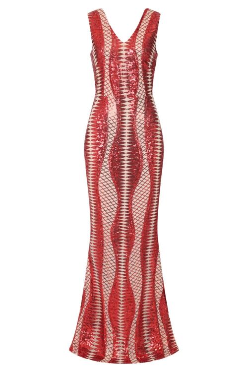 Twilight Red Nude Sequin Bandage Cage Bodycon Maxi Mermaid Dress