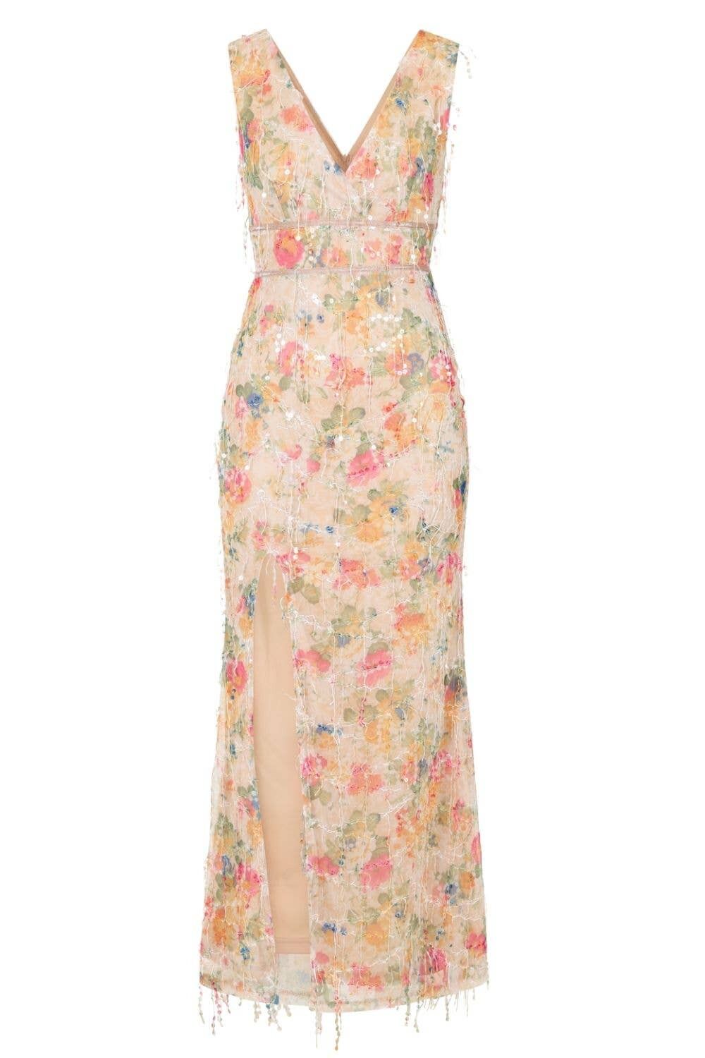 Prendersi le possibilità Abito lungo con abito lungo con paillettes e frange floreali con spacco alto sulla coscia