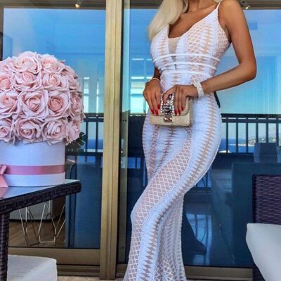 Virgo White Nude Plunge Cage Sequin Bandage Illusion Maxi Dress