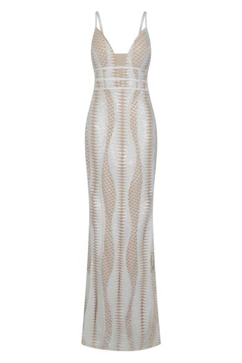 Robe longue Virgo nude plunge cage sequins bandage illusion blanc 2