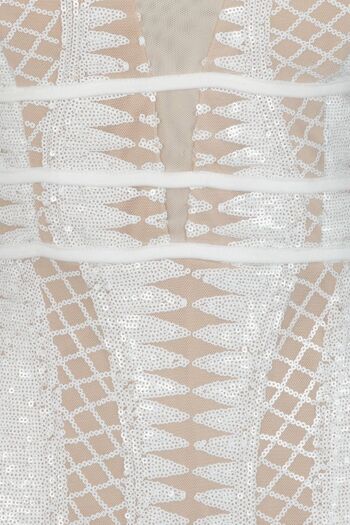 Robe longue Virgo nude plunge cage sequins bandage illusion blanc 4
