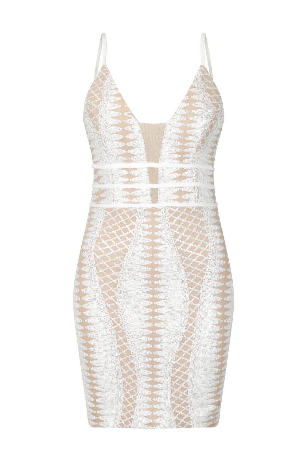 Mini abito da illusione con fasciatura con paillettes e paillettes nudo bianco sotto la luce della ribalta