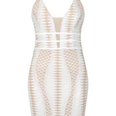 Limelight - Mini-robe blanche nude avec bandage à sequins et cage plongeante