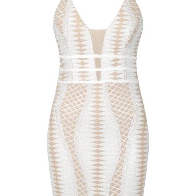 Limelight White Nude Plunge Cage Sequin Bandage Illusion Mini Dress