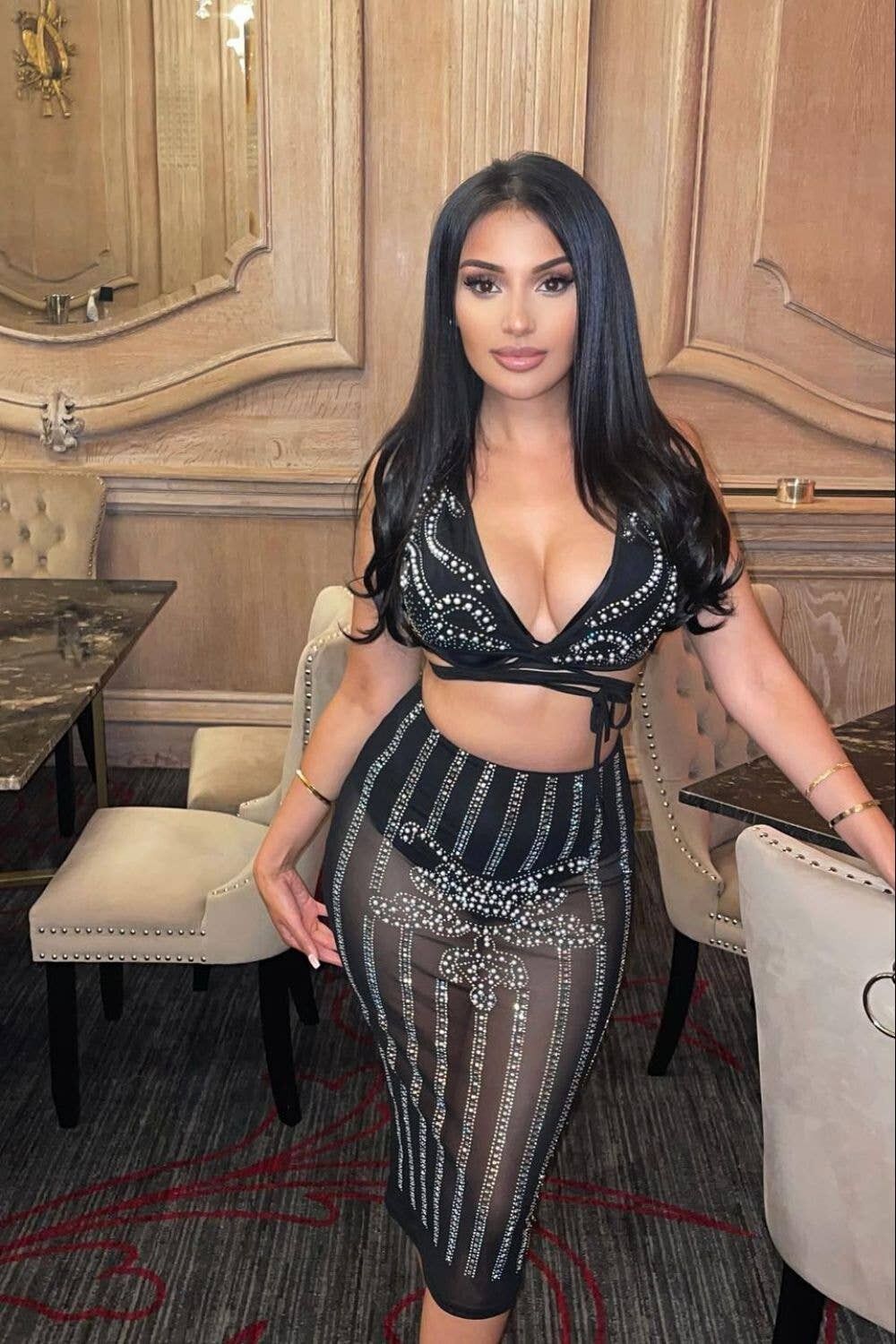 Empress Black Sheer Rhinestone Pearls Gonna longuette a due pezzi Top Co Ord Set