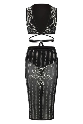 Empress Black Sheer Strass Pearls Two Piece Midi Skirt Top Co Ord Set 3