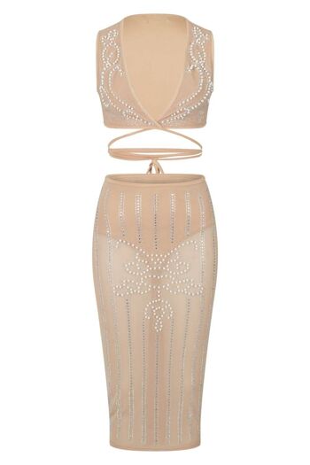 Empress Nude Sheer Strass Pearls Deux pièces jupe mi-longue Top Co Ord Set 2
