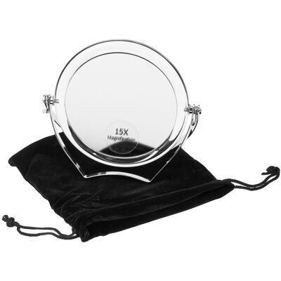 Specchio da viaggio da terra in acrilico con supporto in metallo, ingrandimento 15x, Ø 10 cm, altezza 12 cm