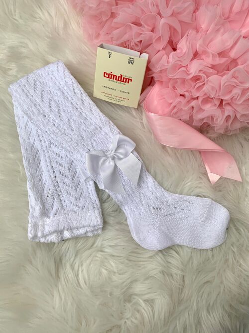 Condor White Openwork Girls Bow Tights -