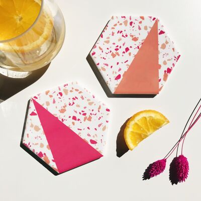 Set di 2 sottobicchieri esagonali in terrazzo rosa arancione