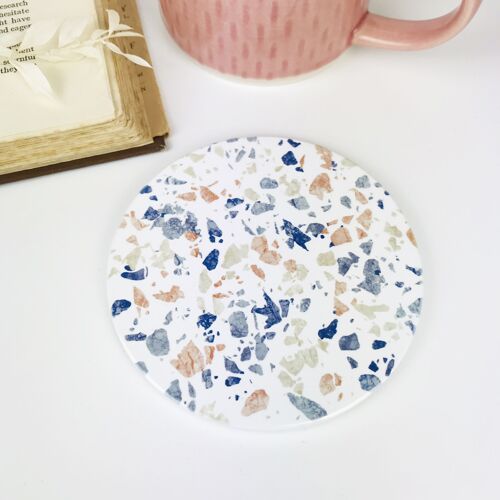 Blue Terrazzo Style Round Ceramic Coasters Set of 2