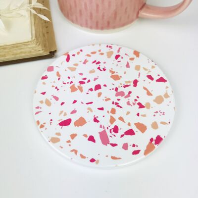 Pink Orange Terrazzo Style Round Ceramic Coasters Set of 2