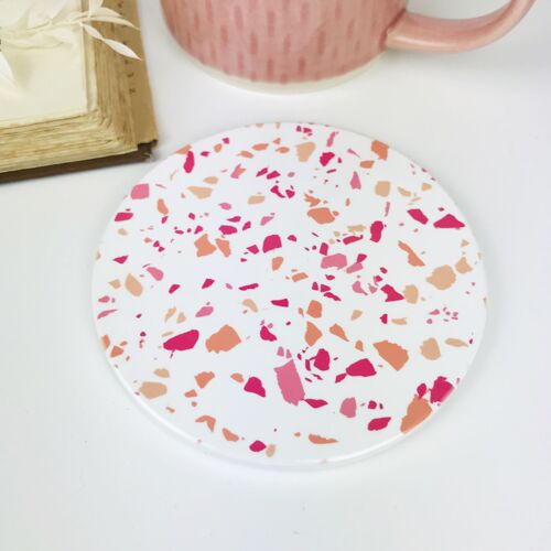 Pink Green Terrazzo Style Round Ceramic Coaster Set of 2