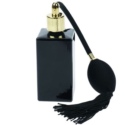 Table atomizer, glass, glossy black, for 100 ml, with gold-colored ball pump, width 4 cm, height 13 cm