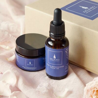 Rose and Frankincense Cleansing Balm and Facial Oil Gift set.