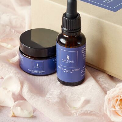 Rose and Frankincense Cleansing Balm and Facial Oil Gift set.