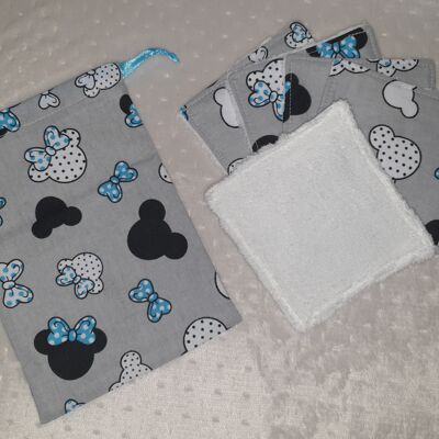 toallitas de bambú lavables con su bolsa de almacenamiento azul Mickey / Minnie a juego