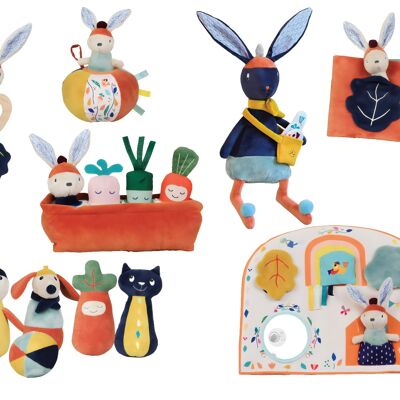 Pack colección conejo Gabin: 23 juguetes de desarrollo y manipulación, peluche, peluche, pelota, etc.  Colección GABIN CONEJO 🥕 + 2 Peluches GRATIS