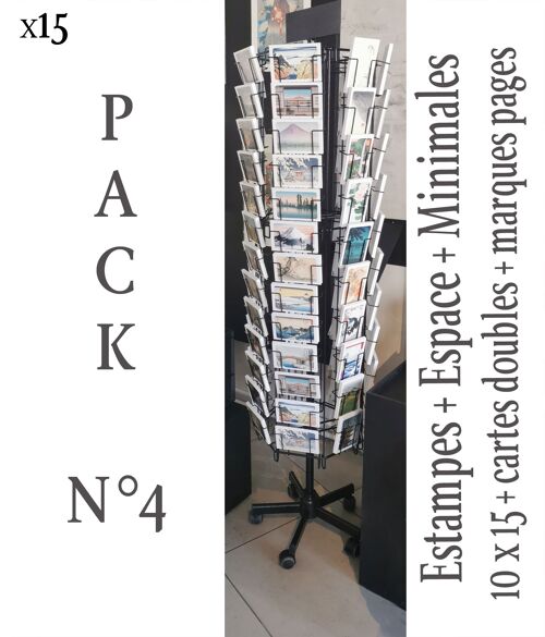 Pack 4 : cartes postales estampes japonaises, espace et Minimales x15 + marque pages estampes japonaises x15 + cartes doubles estampes japonaises x6 + présentoir 6 faces
